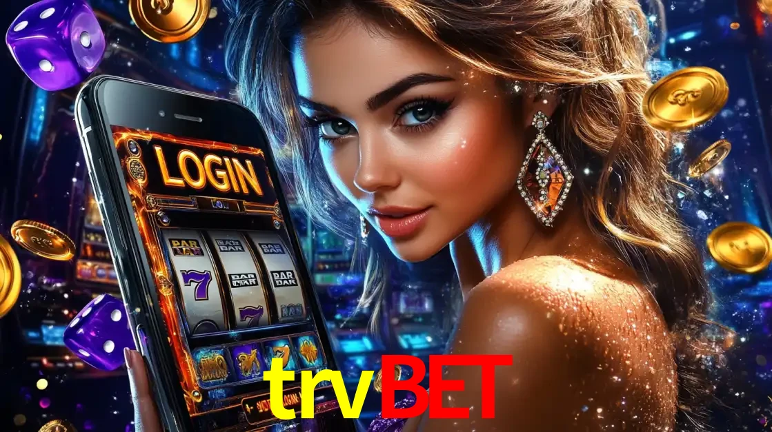 Mulher glamorosa segurando um smartphone com a tela de login para os jogos de caça-níqueis do cassino online trvbet, com moedas de ouro e dados ao redor.